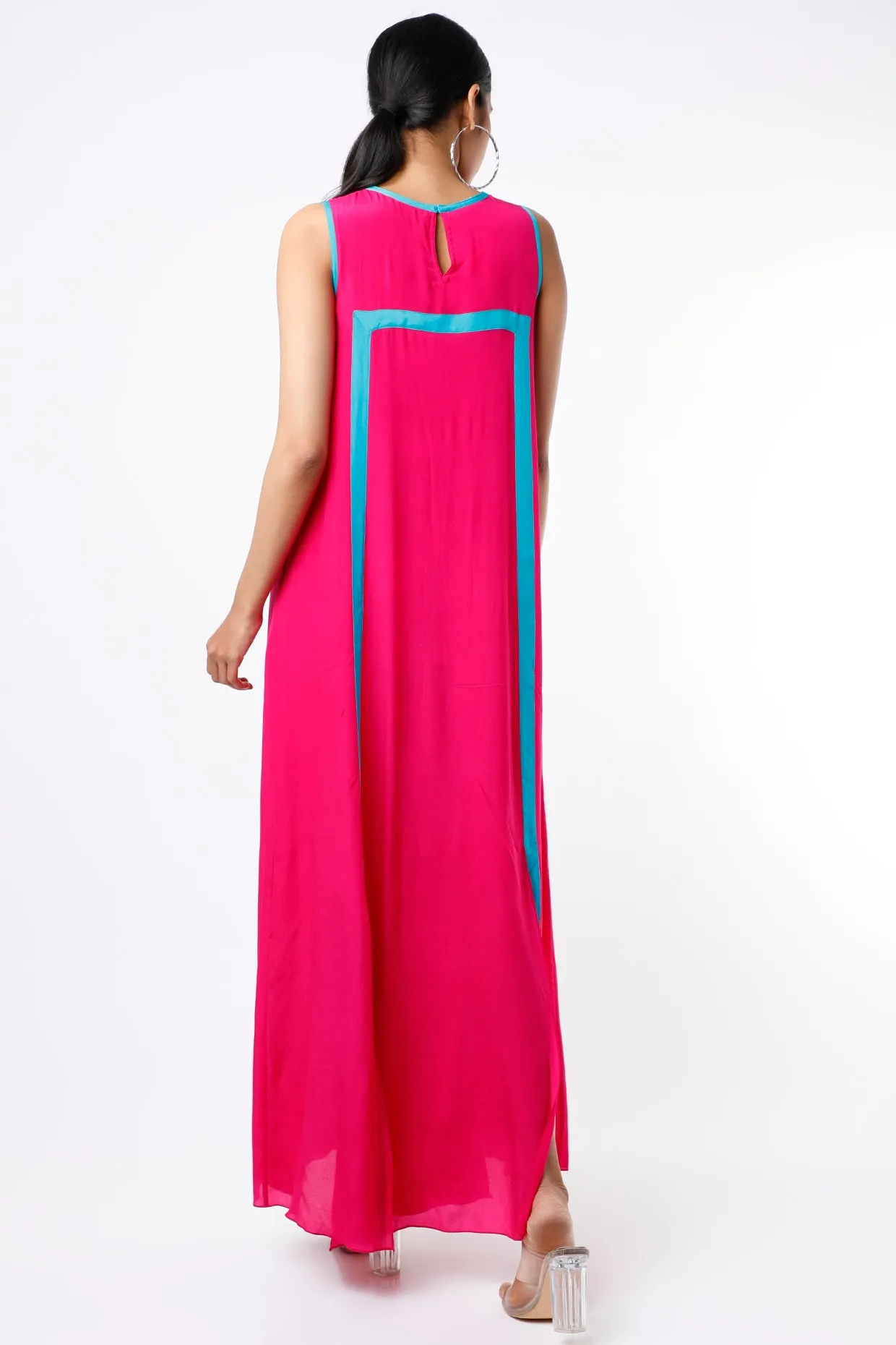 Fuchsia & Turquoise Color Blocked Maxi Dress