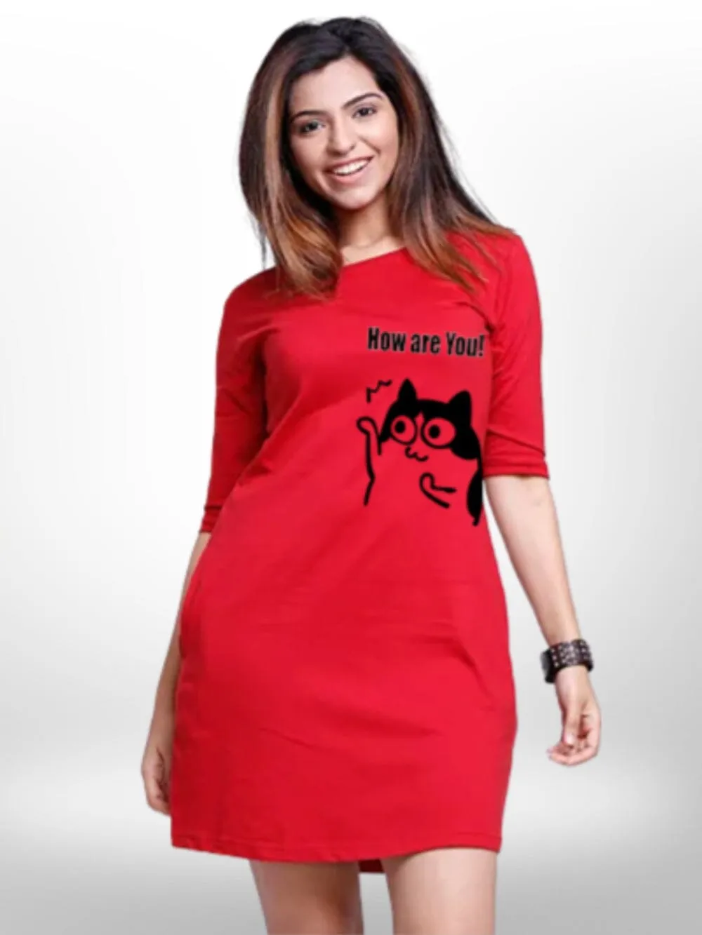 FUNNY CAT THREE QUARTER SLEEVE SIDE POCKET T-SHIRT FOR WOMEN'S
