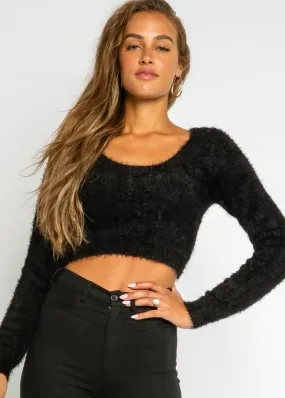 fuzzy crop long sleeve sweater