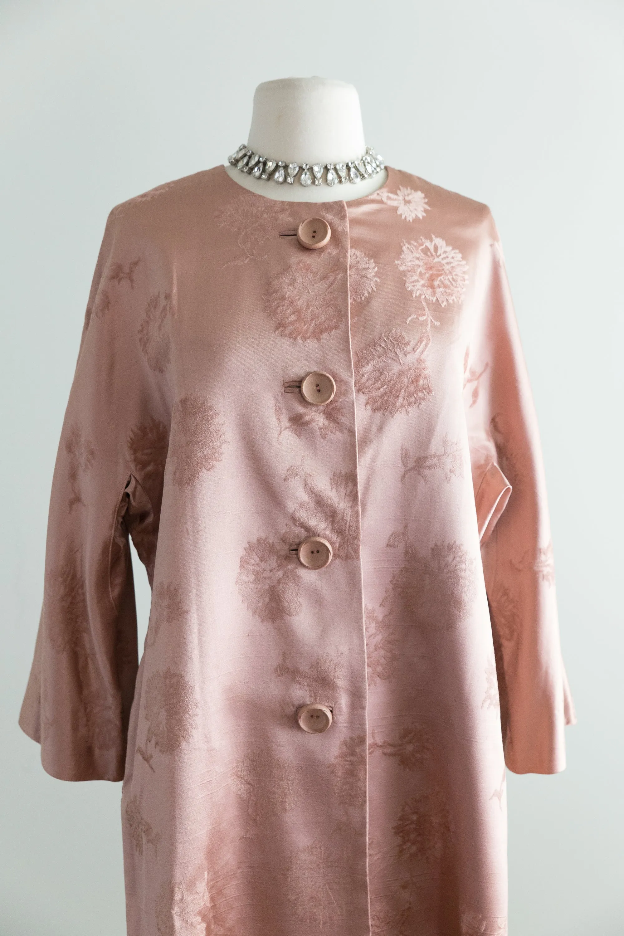 Gorgeous 1950's Rose Silk Brocade Evening Coat / Med