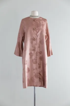 Gorgeous 1950's Rose Silk Brocade Evening Coat / Med