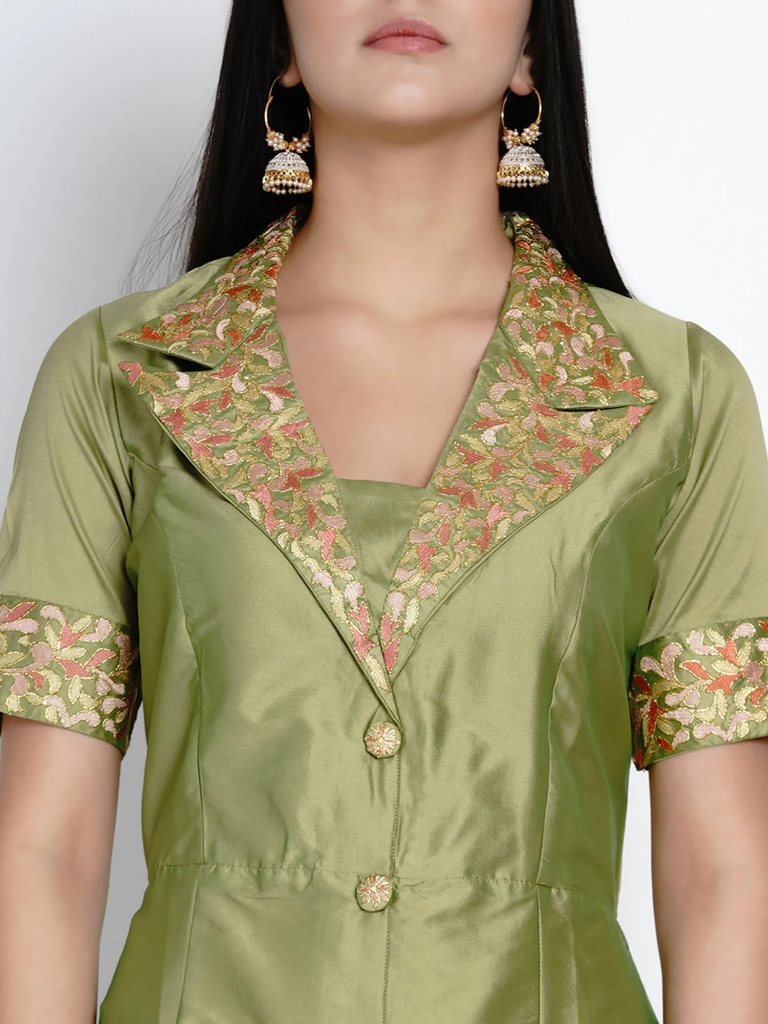 Green Polyester Embroidered Dress- WRK385