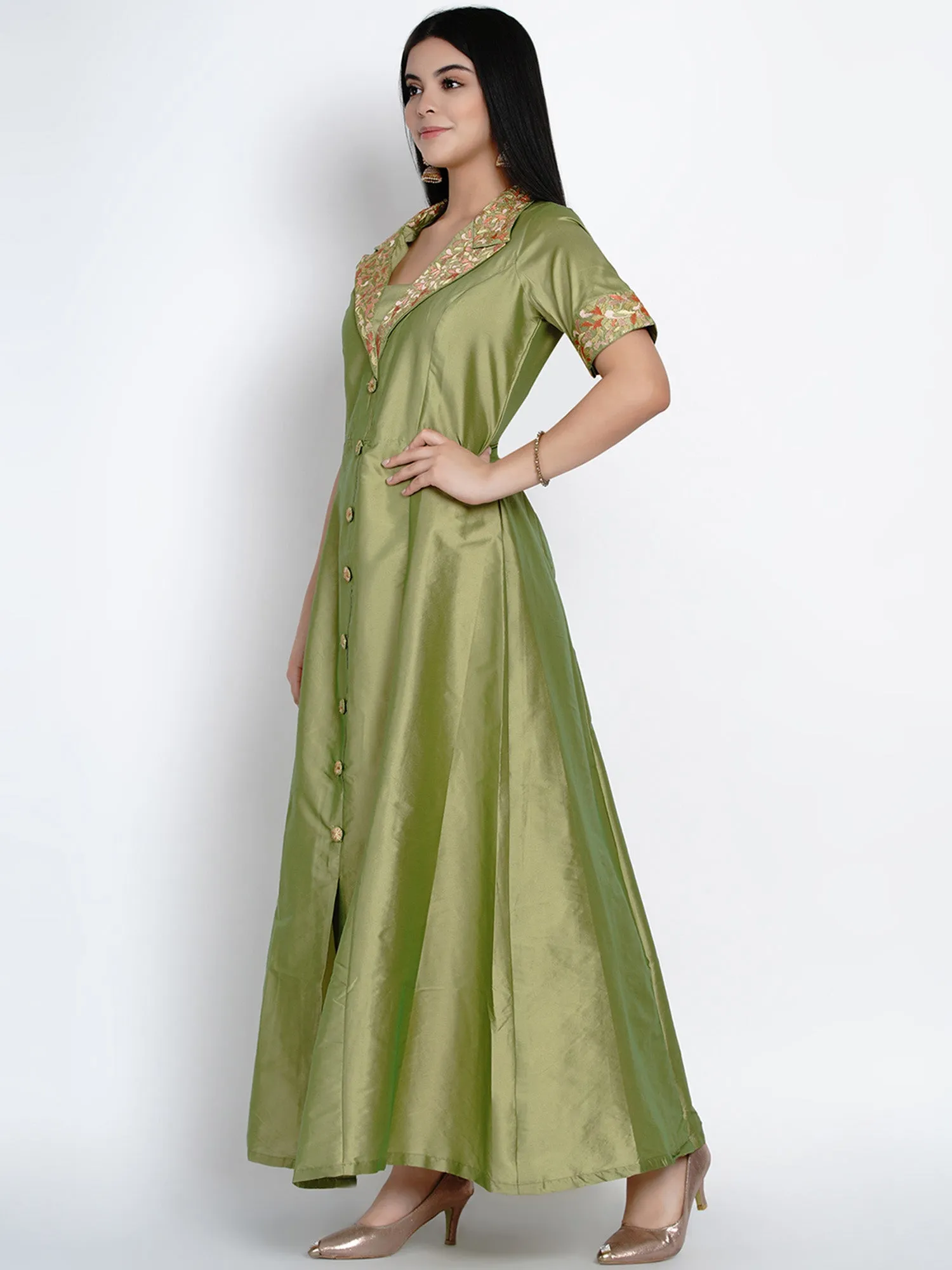 Green Polyester Embroidered Dress- WRK385