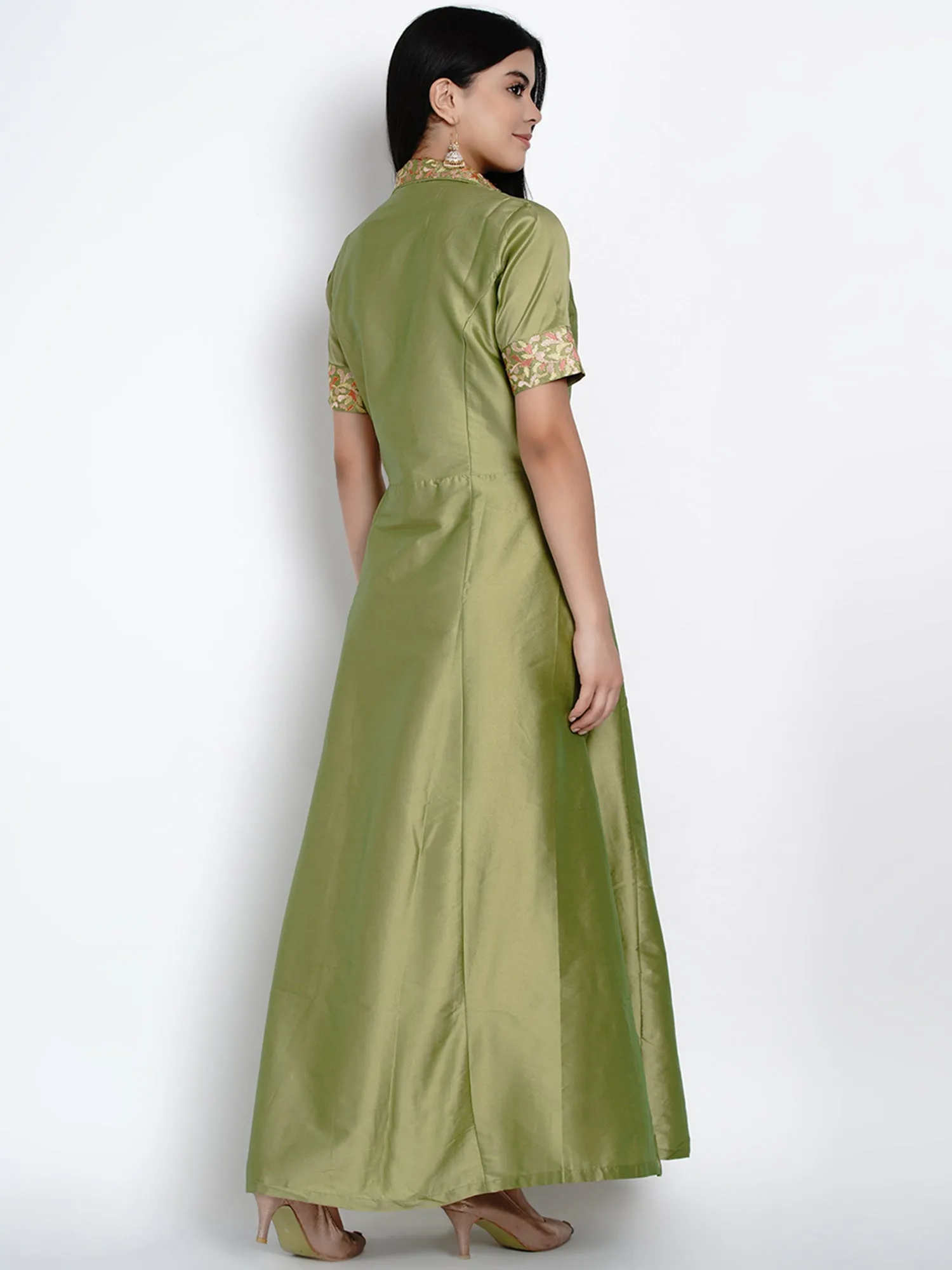 Green Polyester Embroidered Dress- WRK385
