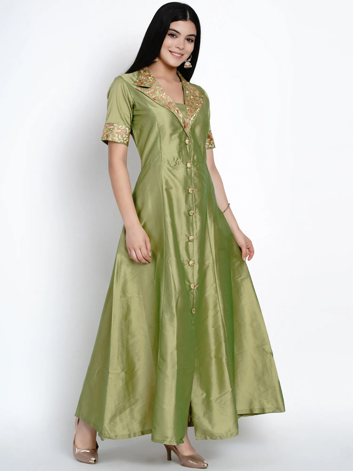 Green Polyester Embroidered Dress- WRK385