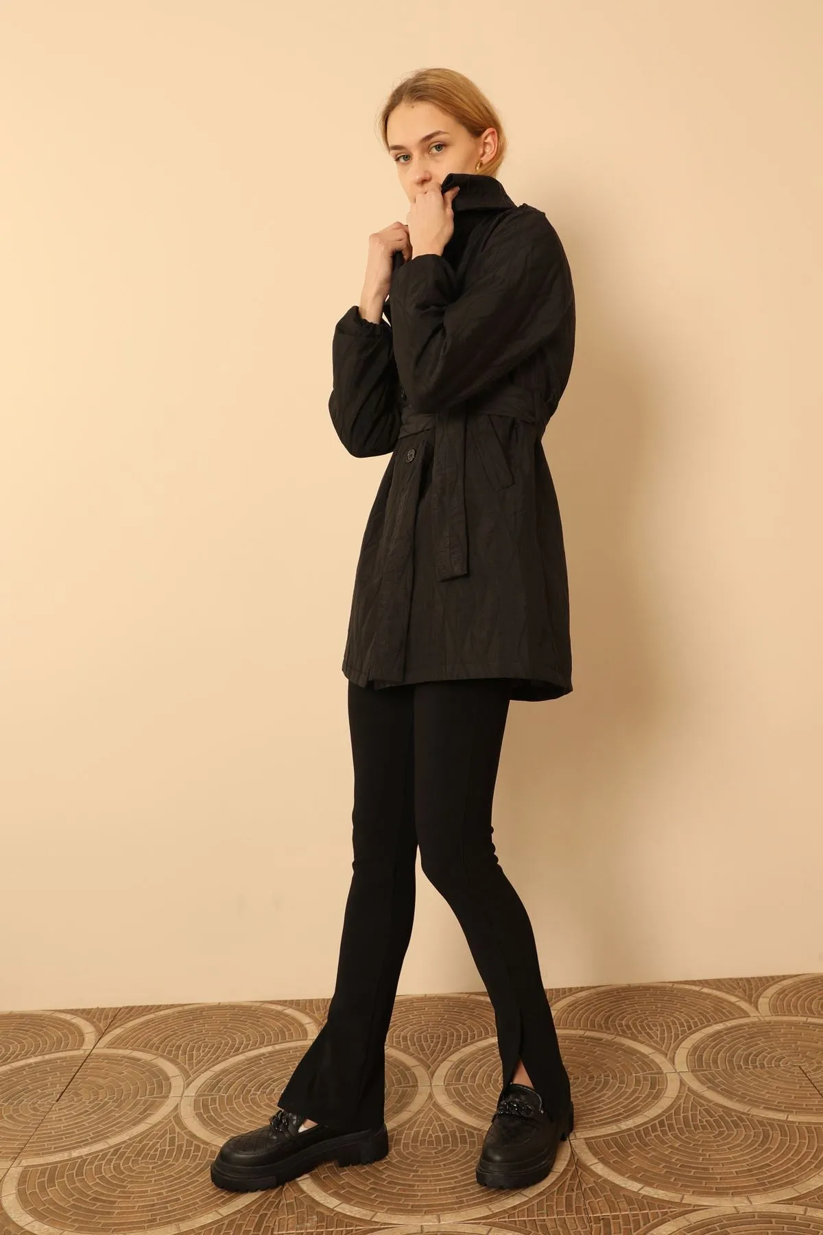 KKT Jakar Fabric Onion Pattern Women Trench Coat-Black - Aubagne