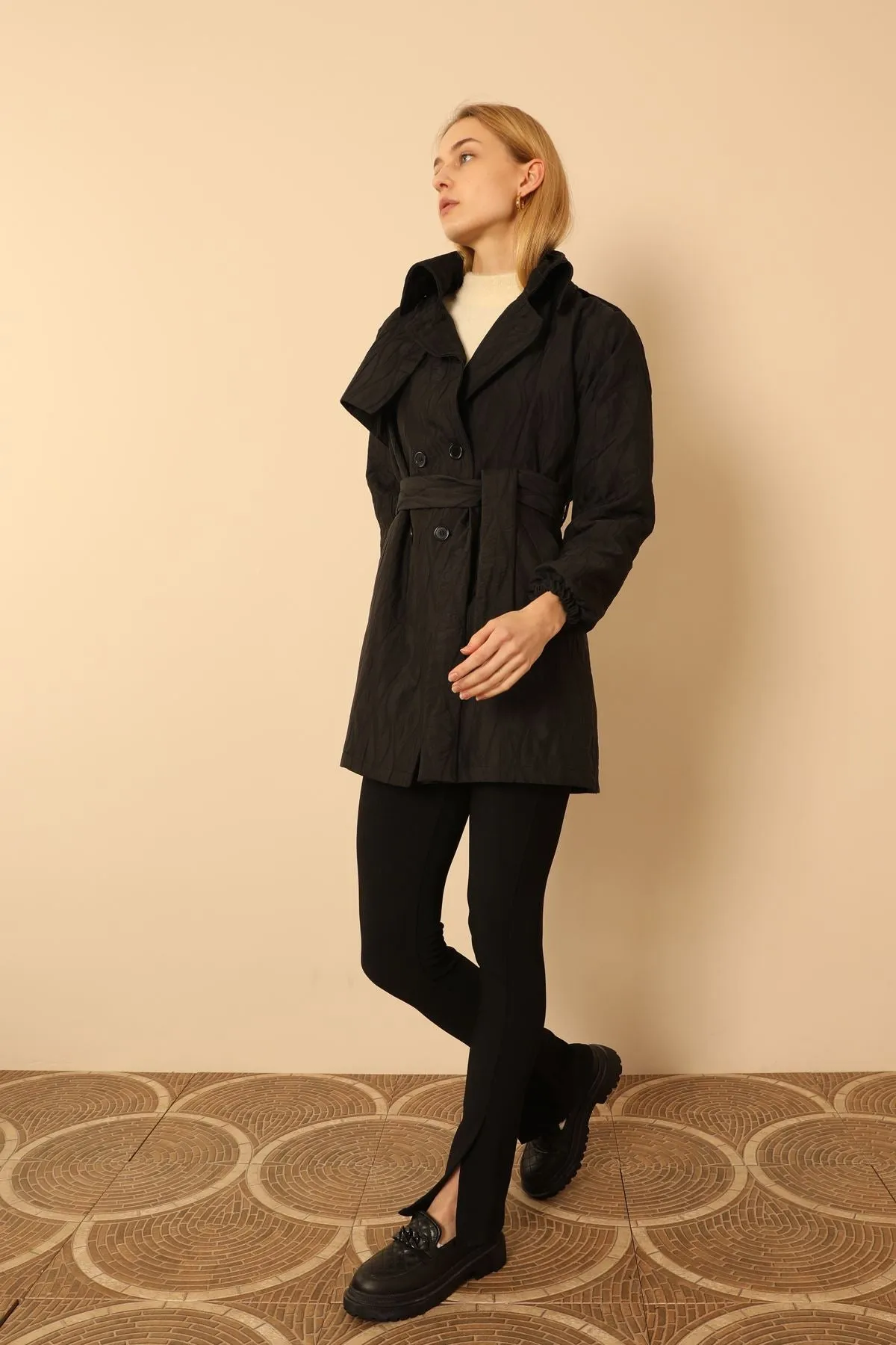 KKT Jakar Fabric Onion Pattern Women Trench Coat-Black - Aubagne