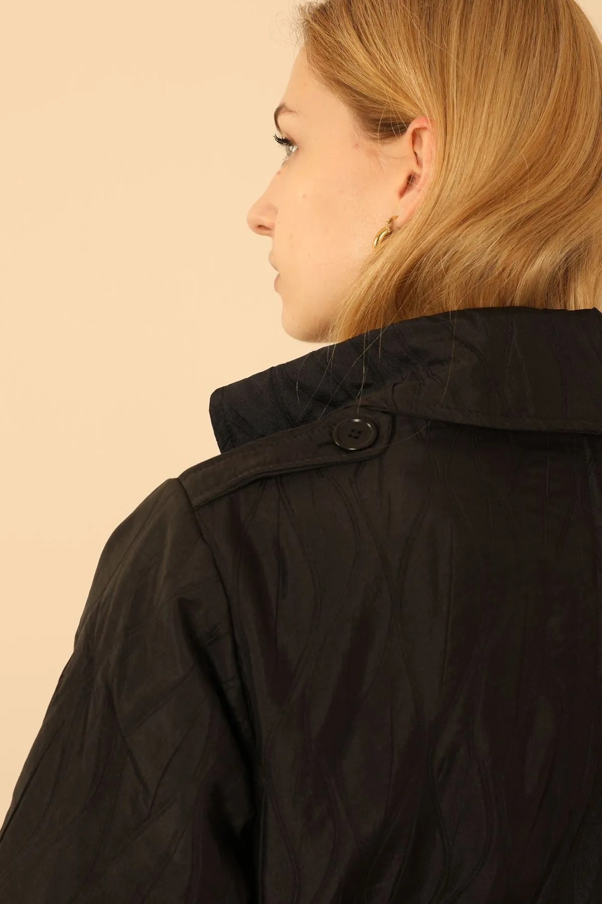 KKT Jakar Fabric Onion Pattern Women Trench Coat-Black - Aubagne
