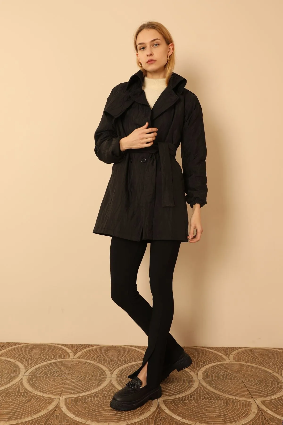 KKT Jakar Fabric Onion Pattern Women Trench Coat-Black - Aubagne