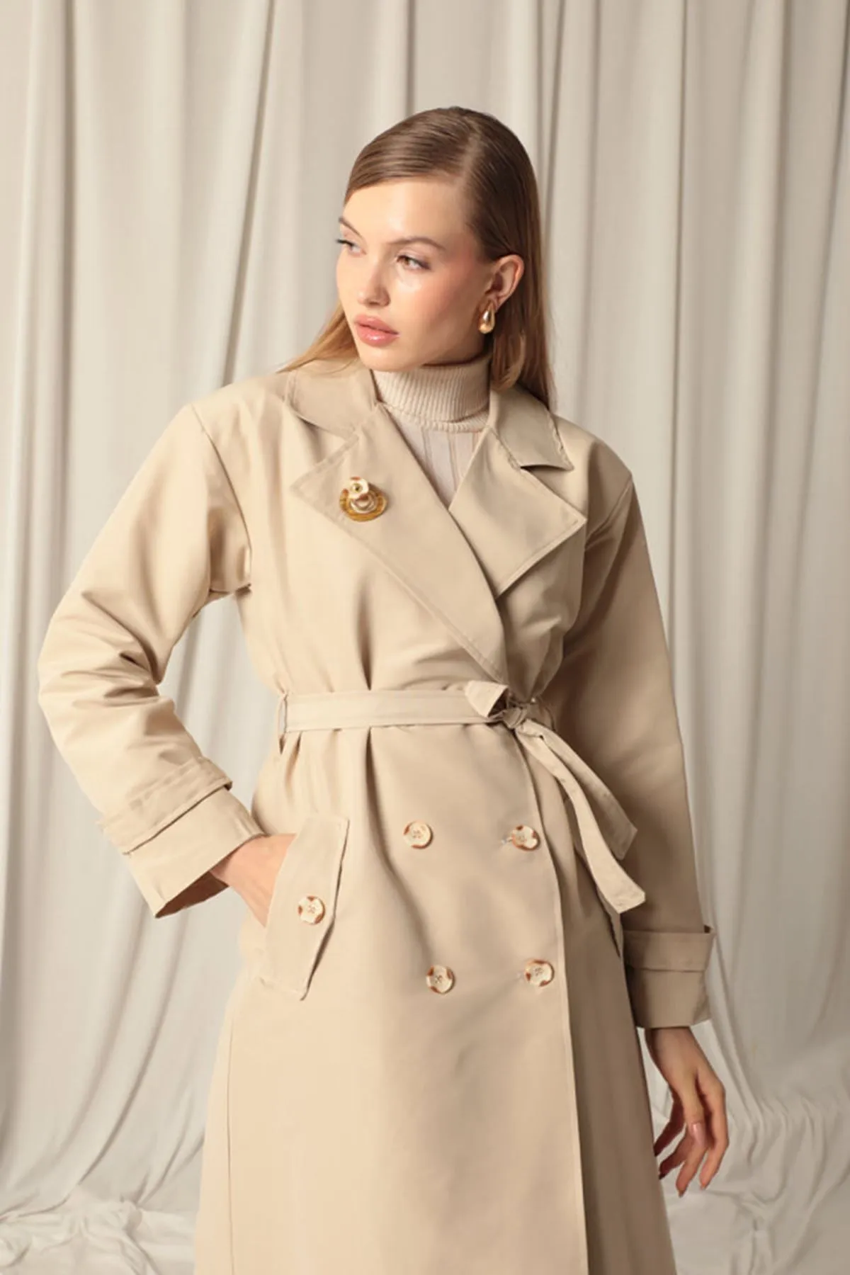 KKT Maxi Length Women's Stone Trench Coat - Fondi