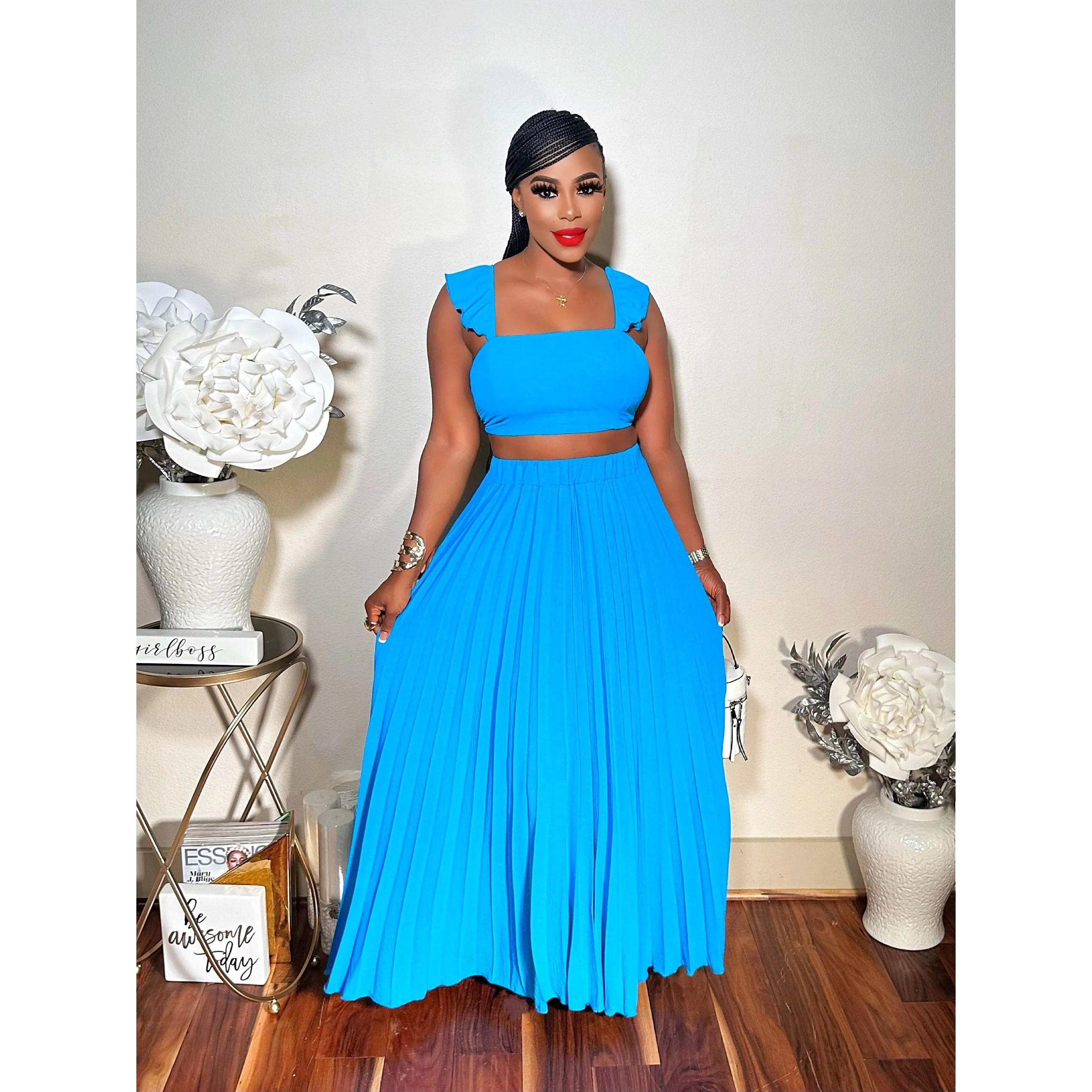 LET IT FLOW PLEATED MAXI SKIRT SET (BLUE)