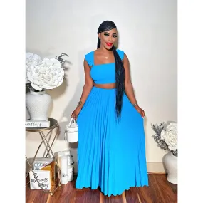 LET IT FLOW PLEATED MAXI SKIRT SET (BLUE)