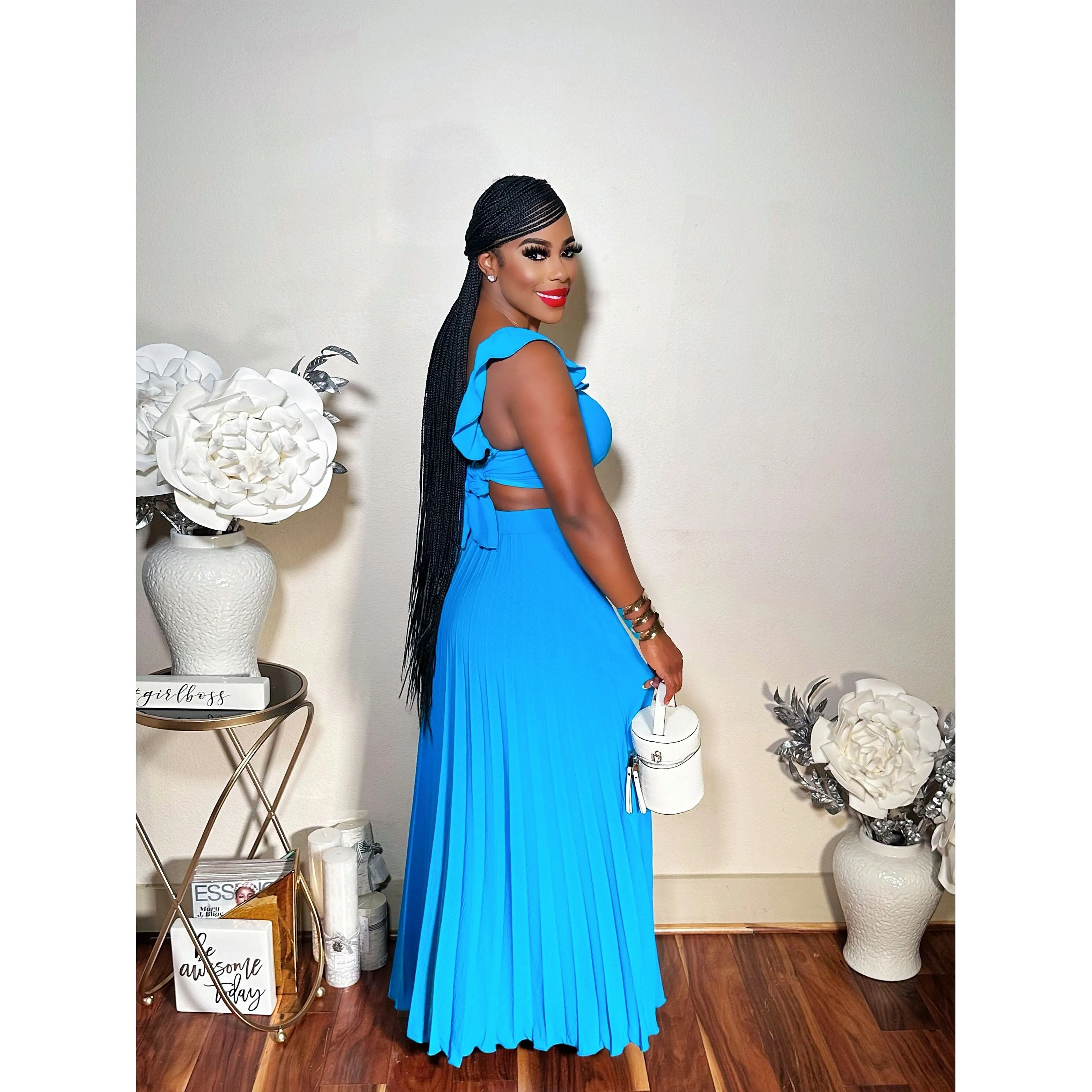 LET IT FLOW PLEATED MAXI SKIRT SET (BLUE)