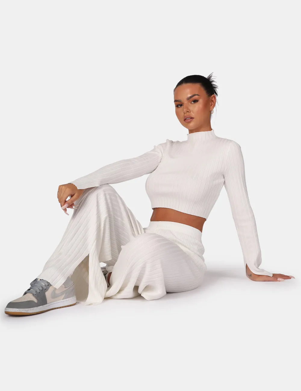 Long Sleeve High Neck Ribbed Knitted Crop Top White