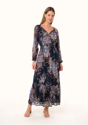 Lurex Floral Long Sleeve Smocked Maxi Dress