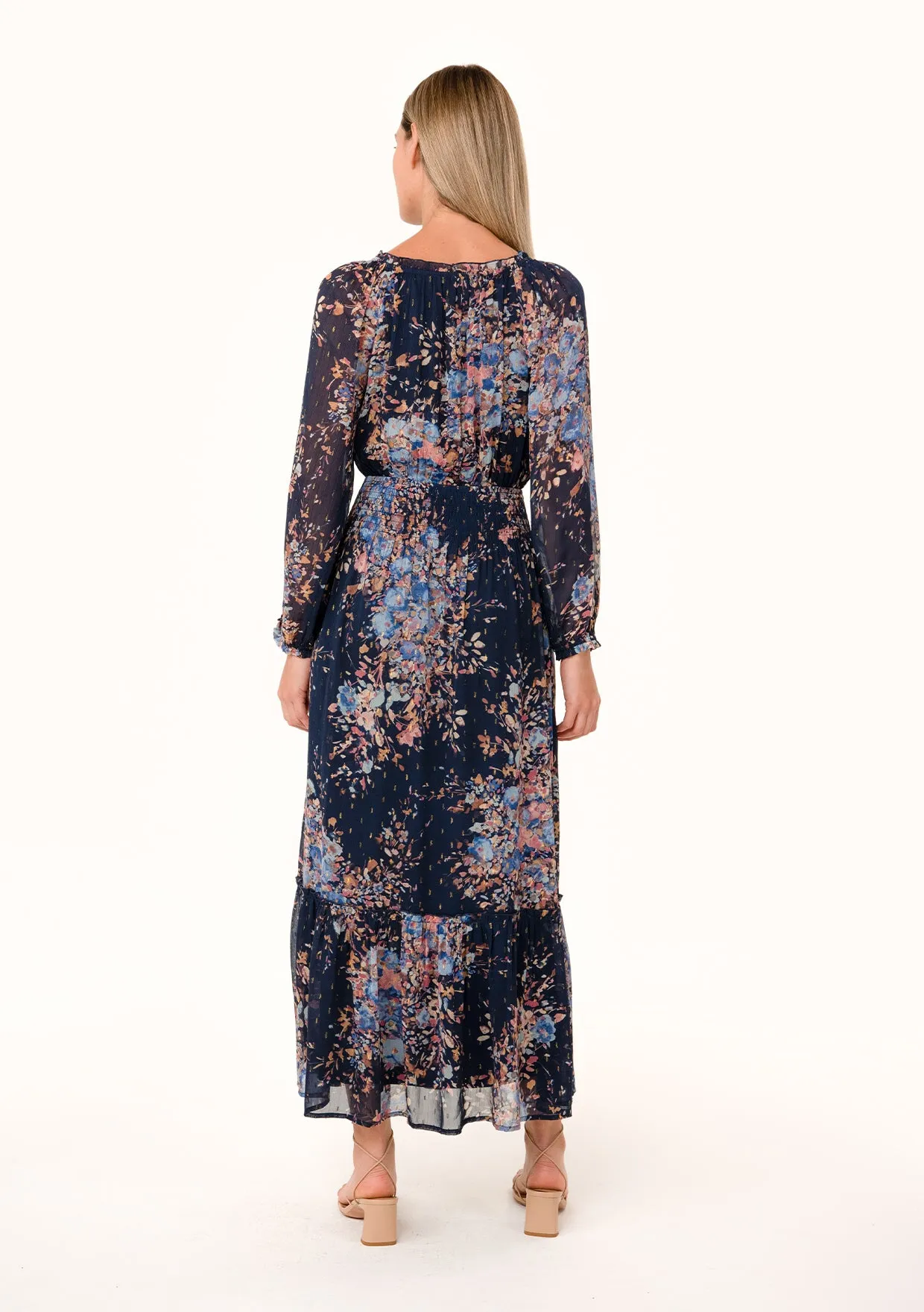 Lurex Floral Long Sleeve Smocked Maxi Dress