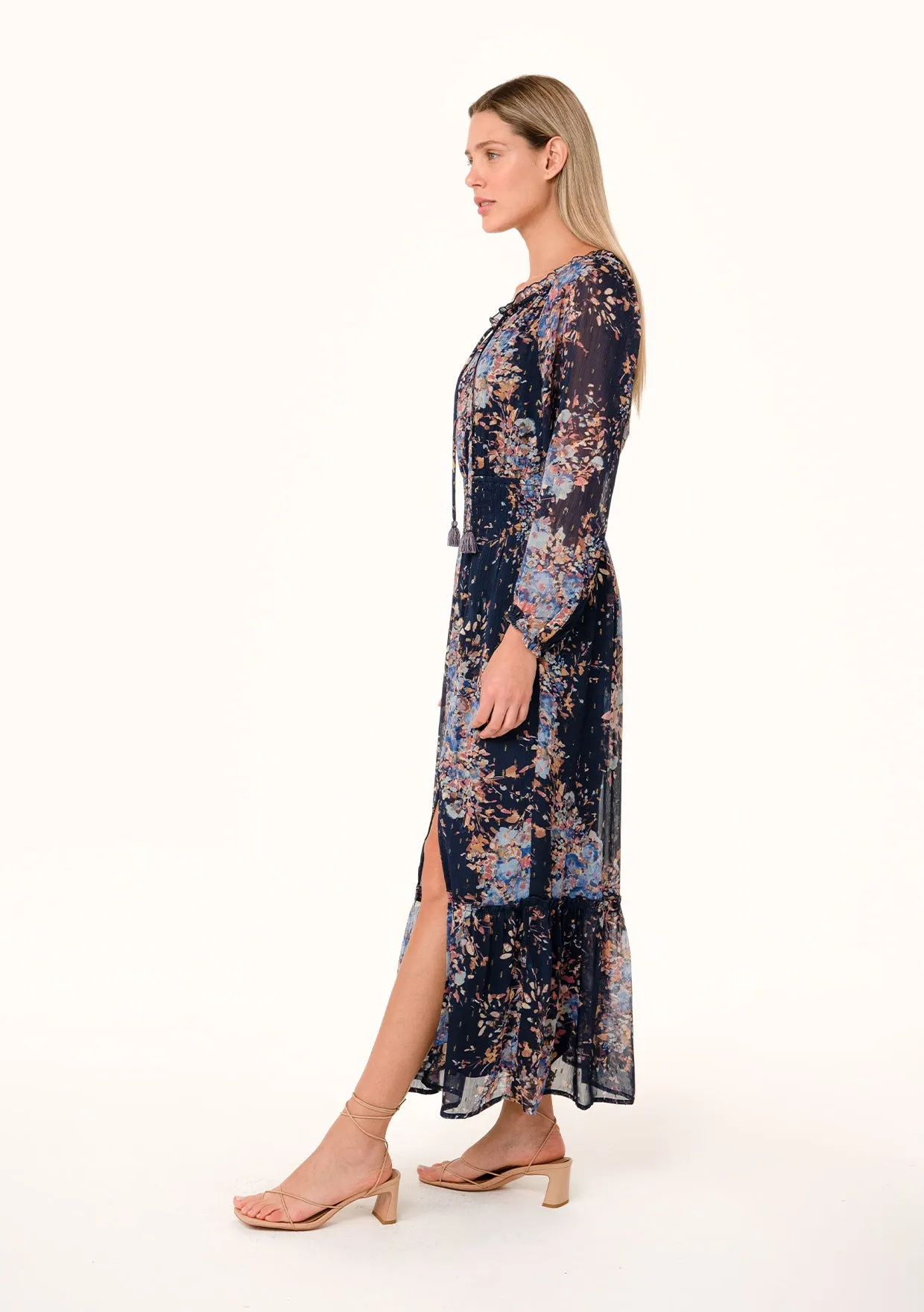 Lurex Floral Long Sleeve Smocked Maxi Dress
