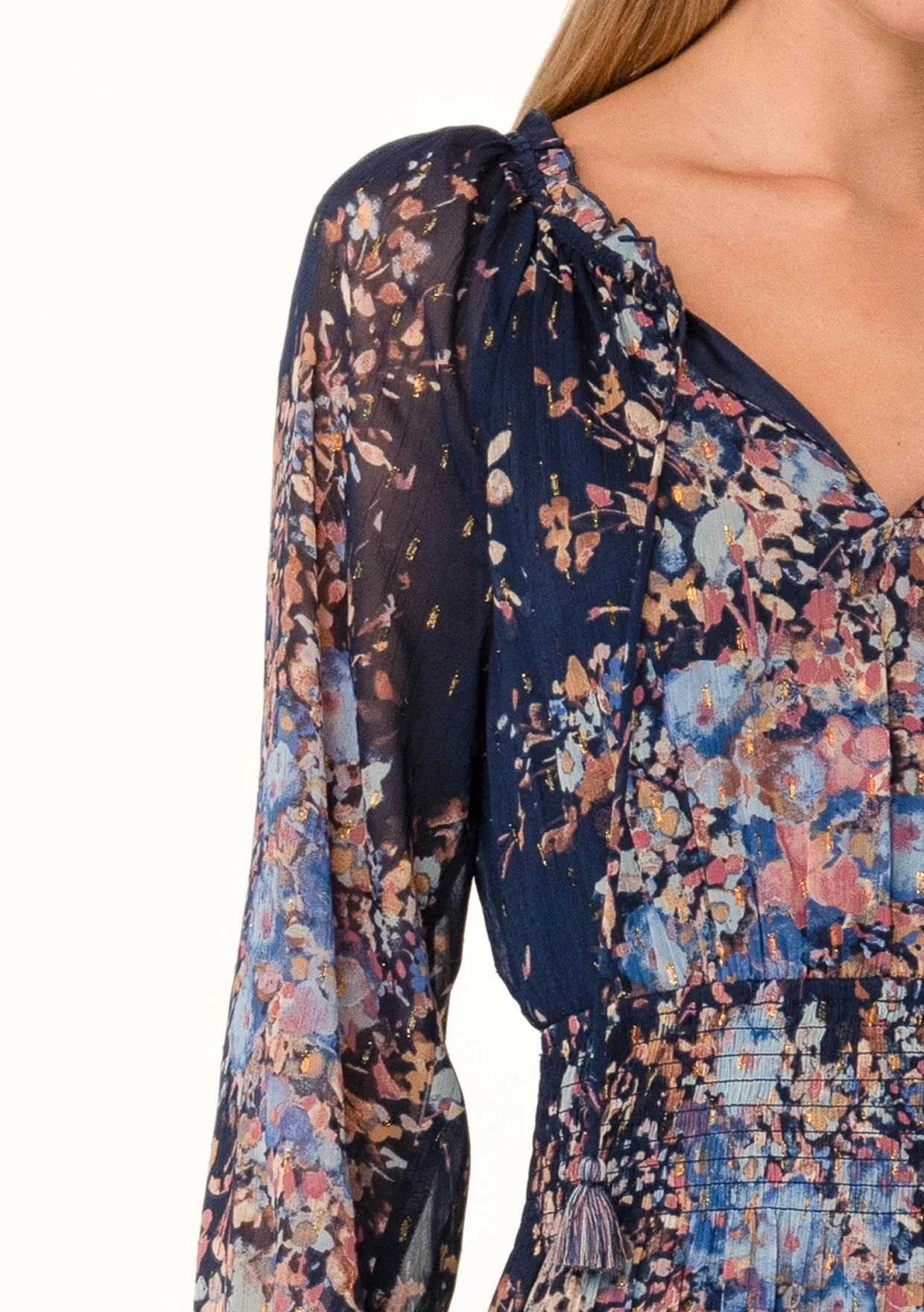 Lurex Floral Long Sleeve Smocked Maxi Dress