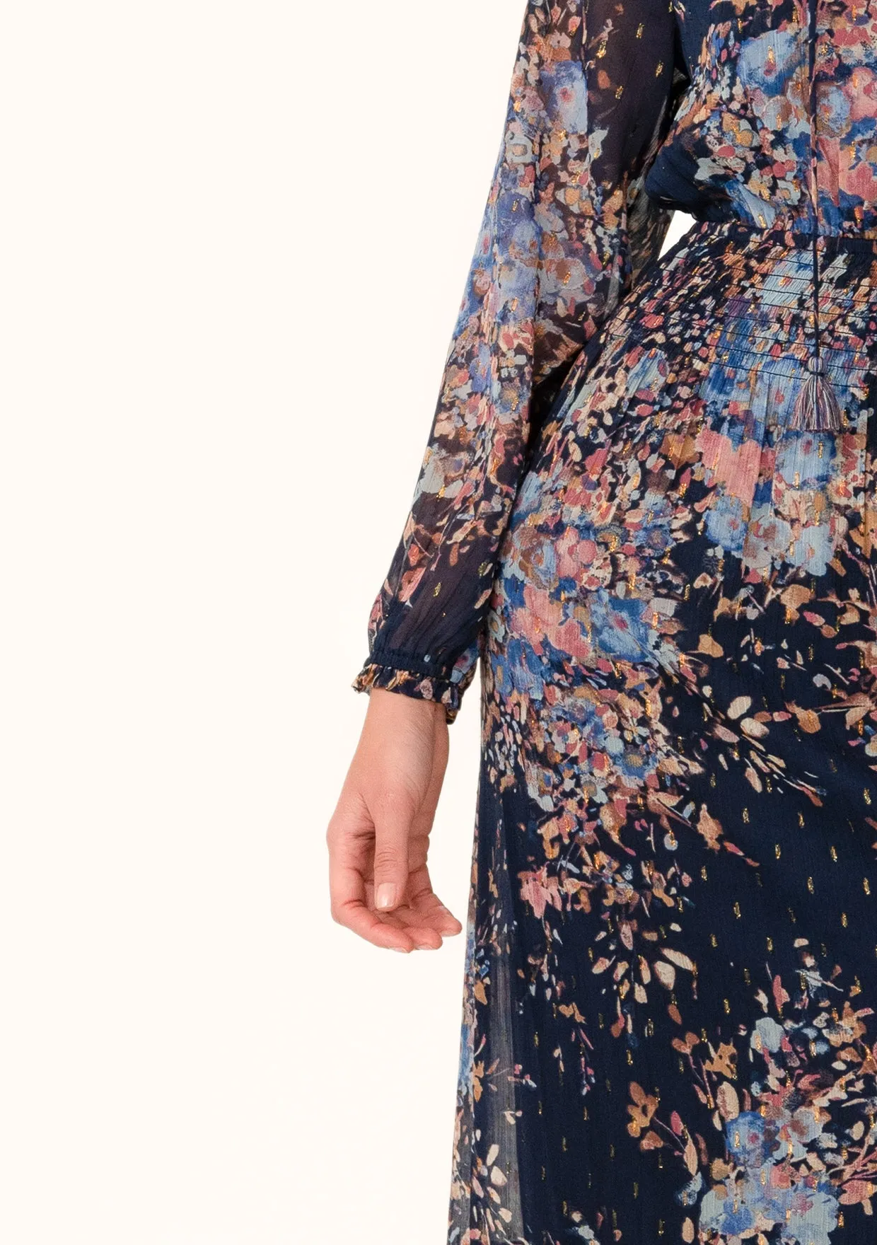 Lurex Floral Long Sleeve Smocked Maxi Dress