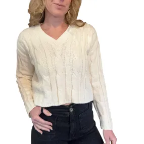 Madewell | Women's Cream Cable Knit V Neck Crop Sweater | Size: XS
