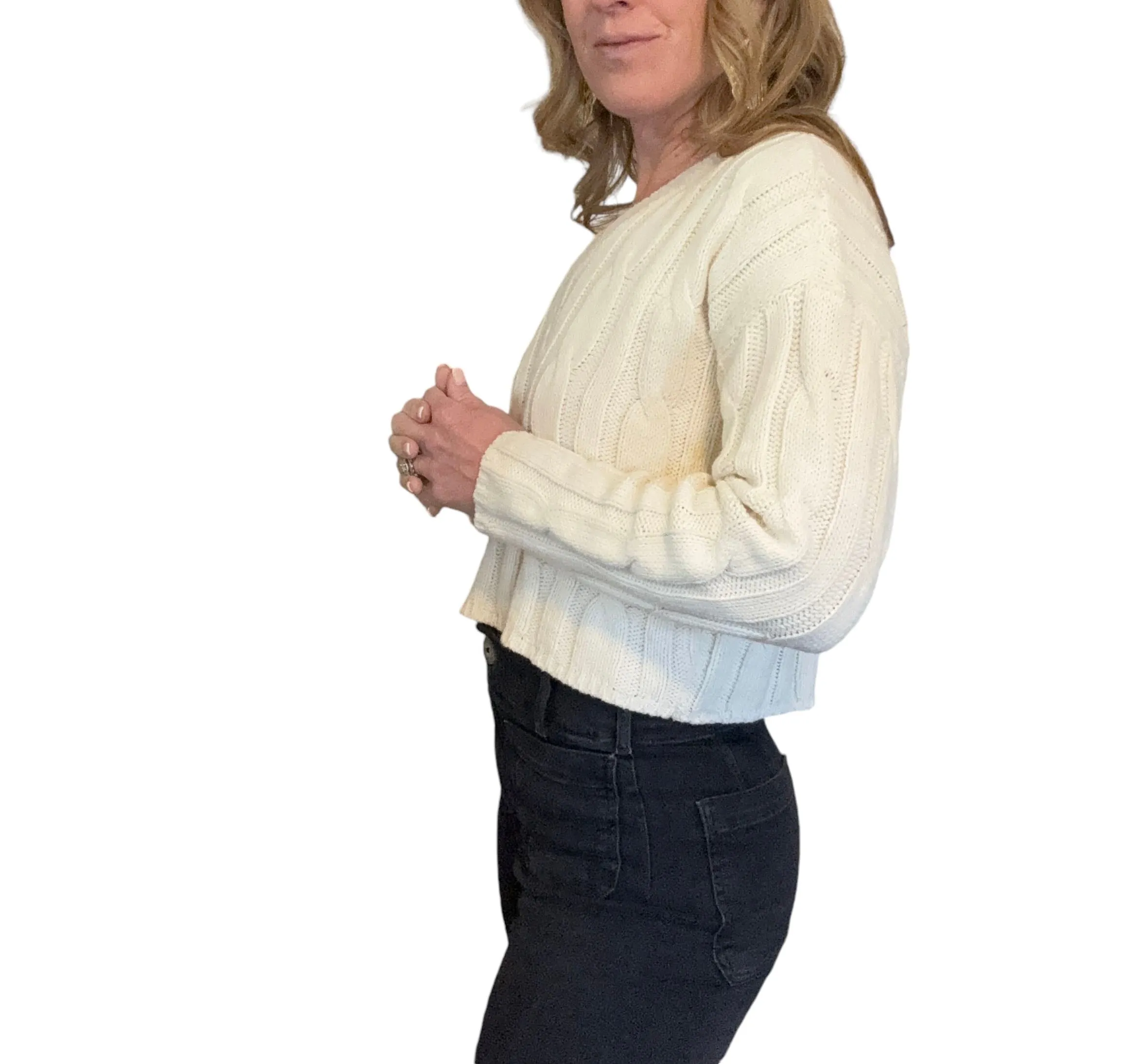 Madewell | Women's Cream Cable Knit V Neck Crop Sweater | Size: XS