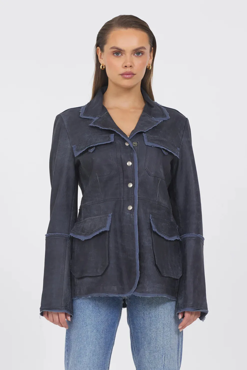 Meryl Distressed Leather Jacket - Indigo
