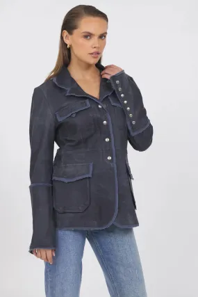Meryl Distressed Leather Jacket - Indigo