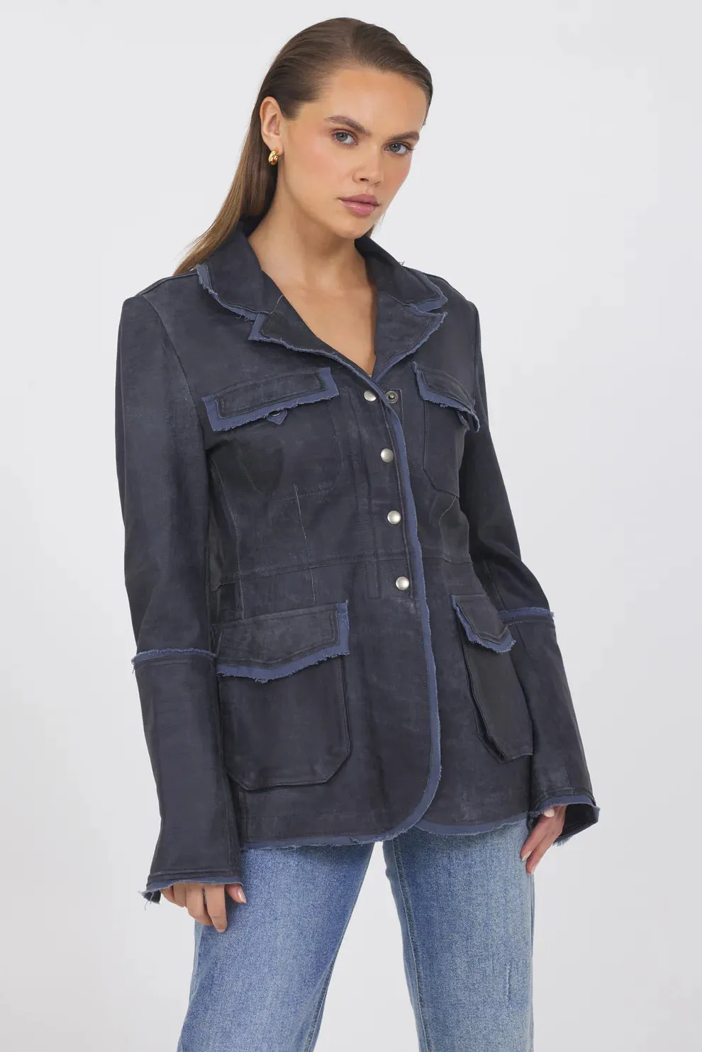 Meryl Distressed Leather Jacket - Indigo