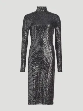 Metallic Jersey Midi Turtleneck Dress
