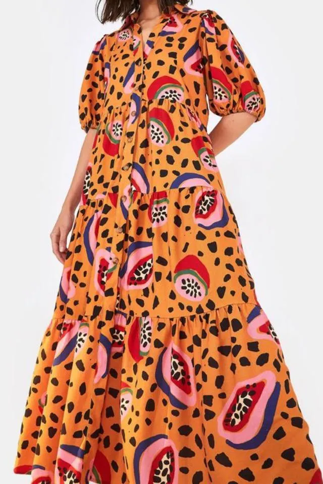 ORANGE PRINT FRUIT MAXI DRESS