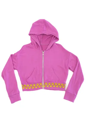 *Pink Enzyme Yellow Smile Band Zip Up Cropped Jacket*