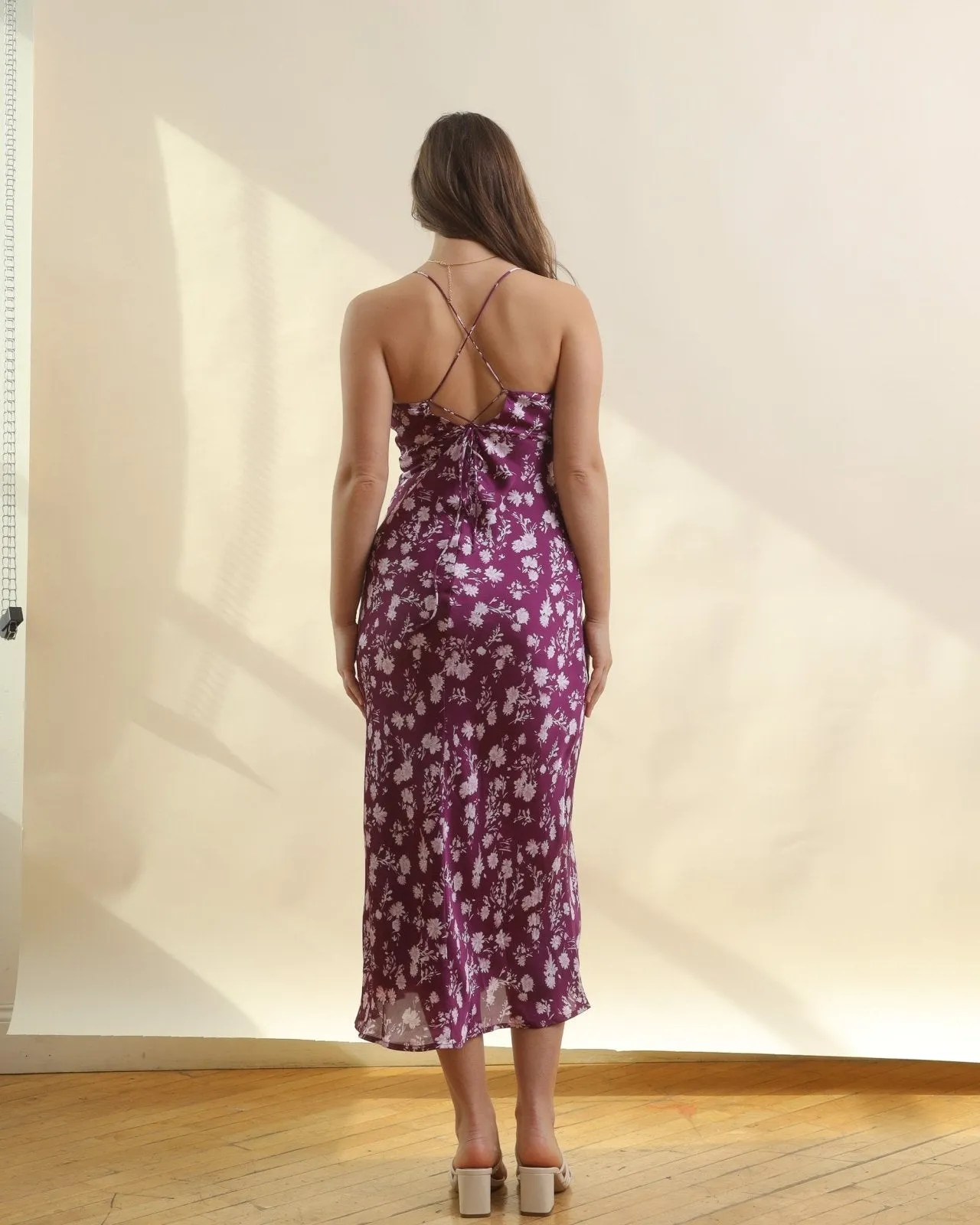 Purple Multi Floral Cowl Neck Satin Maxi Dress