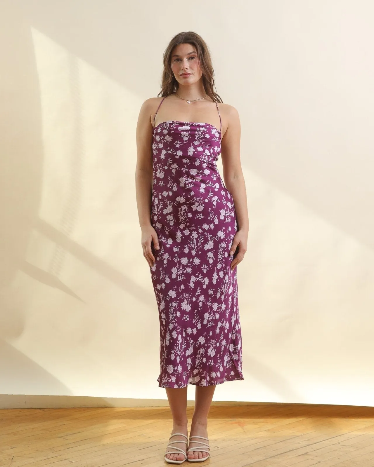 Purple Multi Floral Cowl Neck Satin Maxi Dress