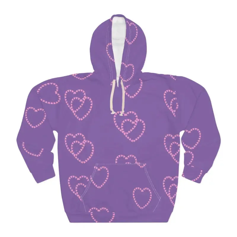 Purple Unisex Pullover Hoodie with Pink Hearts