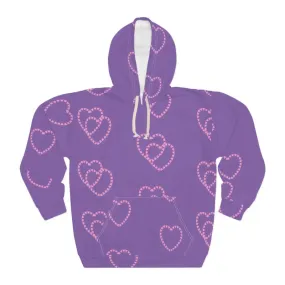 Purple Unisex Pullover Hoodie with Pink Hearts