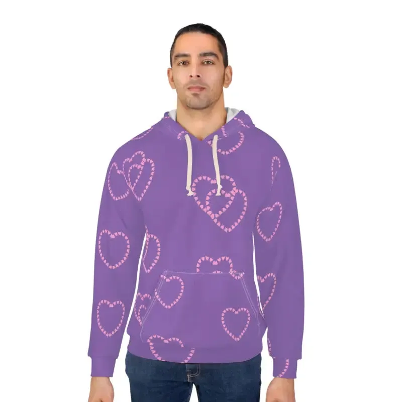 Purple Unisex Pullover Hoodie with Pink Hearts