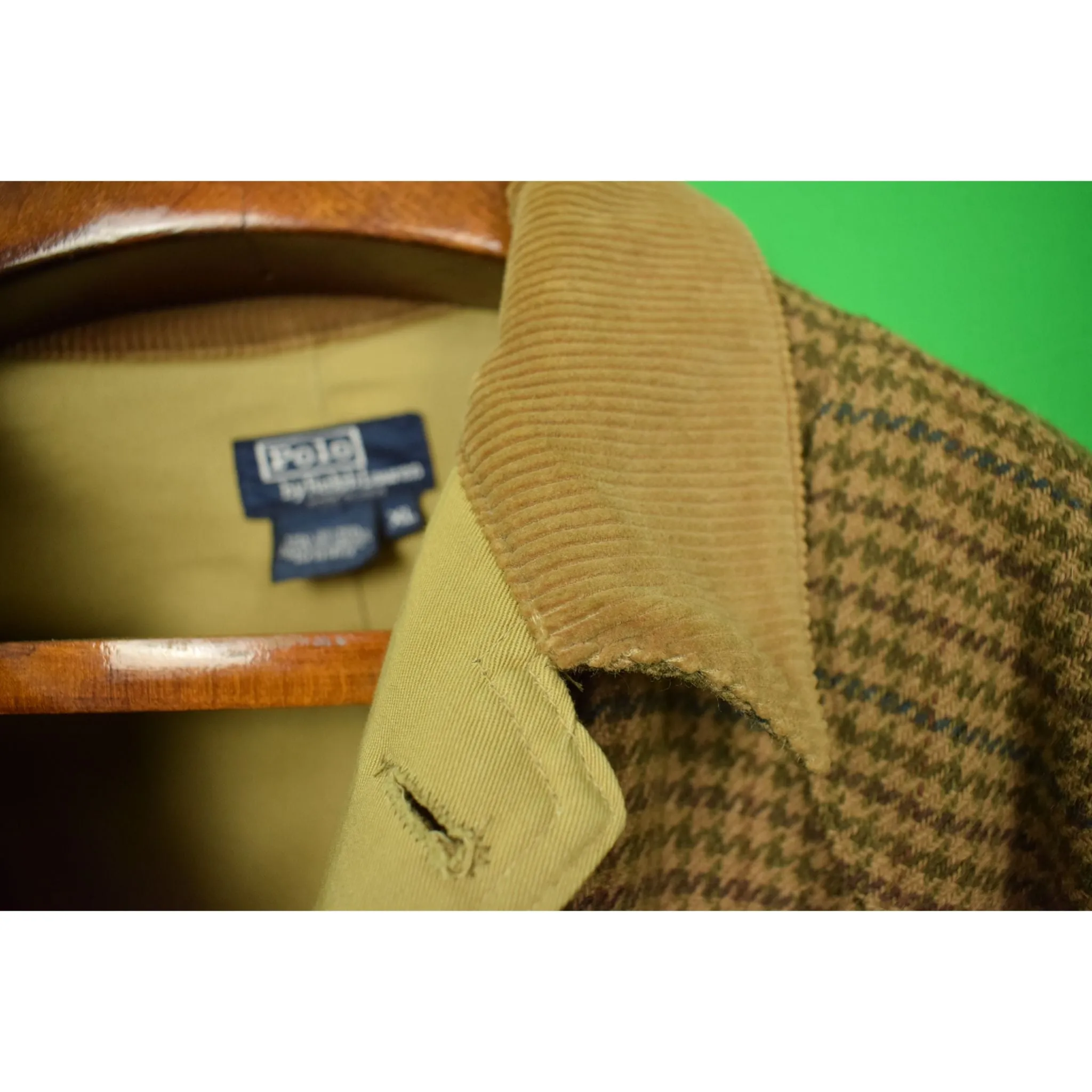 "Polo Ralph Lauren Olive Houndstooth Norfolk Field Coat w/ Corduroy Collar" Sz XL (SOLD)