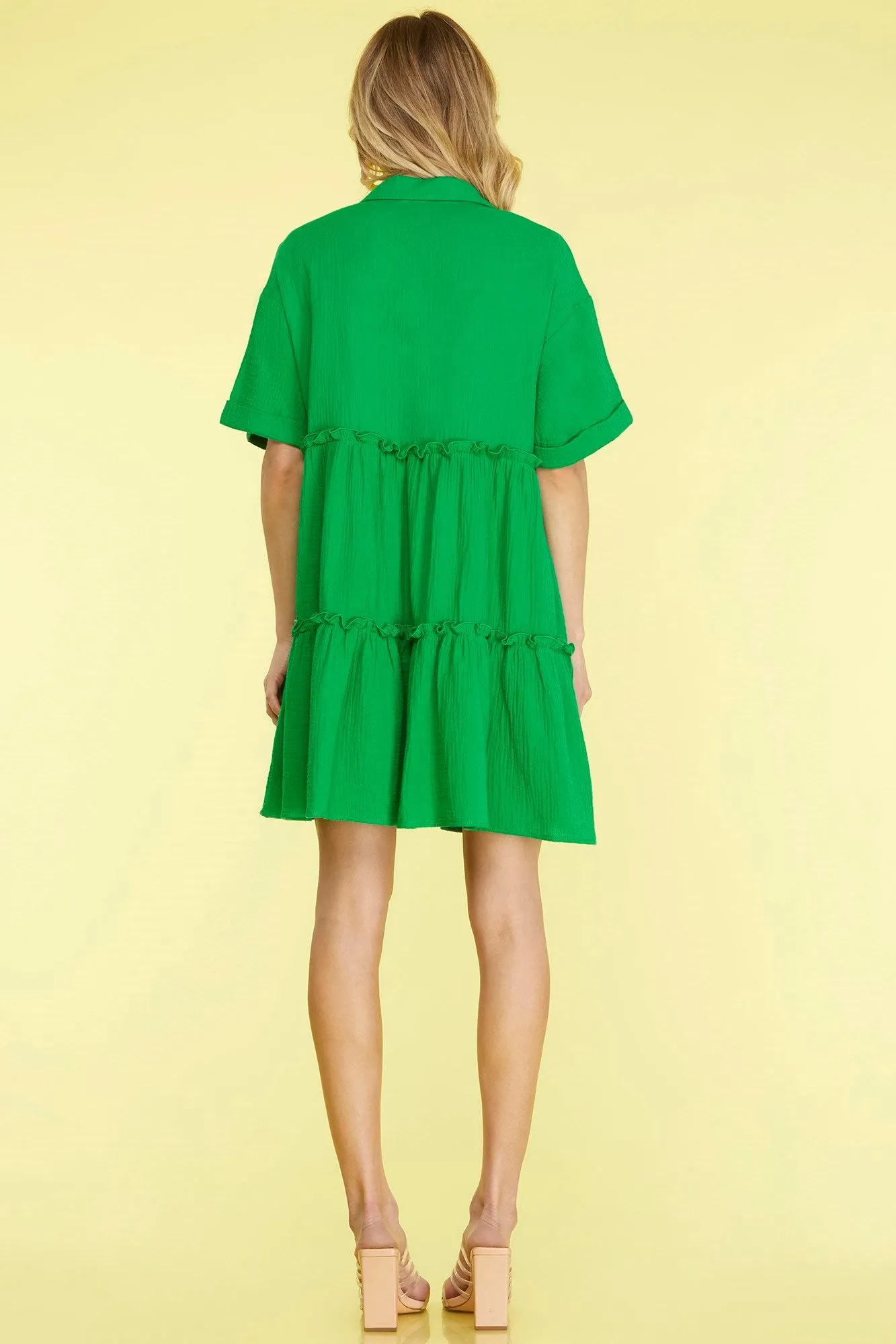 She   Sky Full Size Button Front Frill Tiered Mini Dress Plus Size
