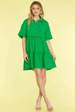 She   Sky Full Size Button Front Frill Tiered Mini Dress Plus Size