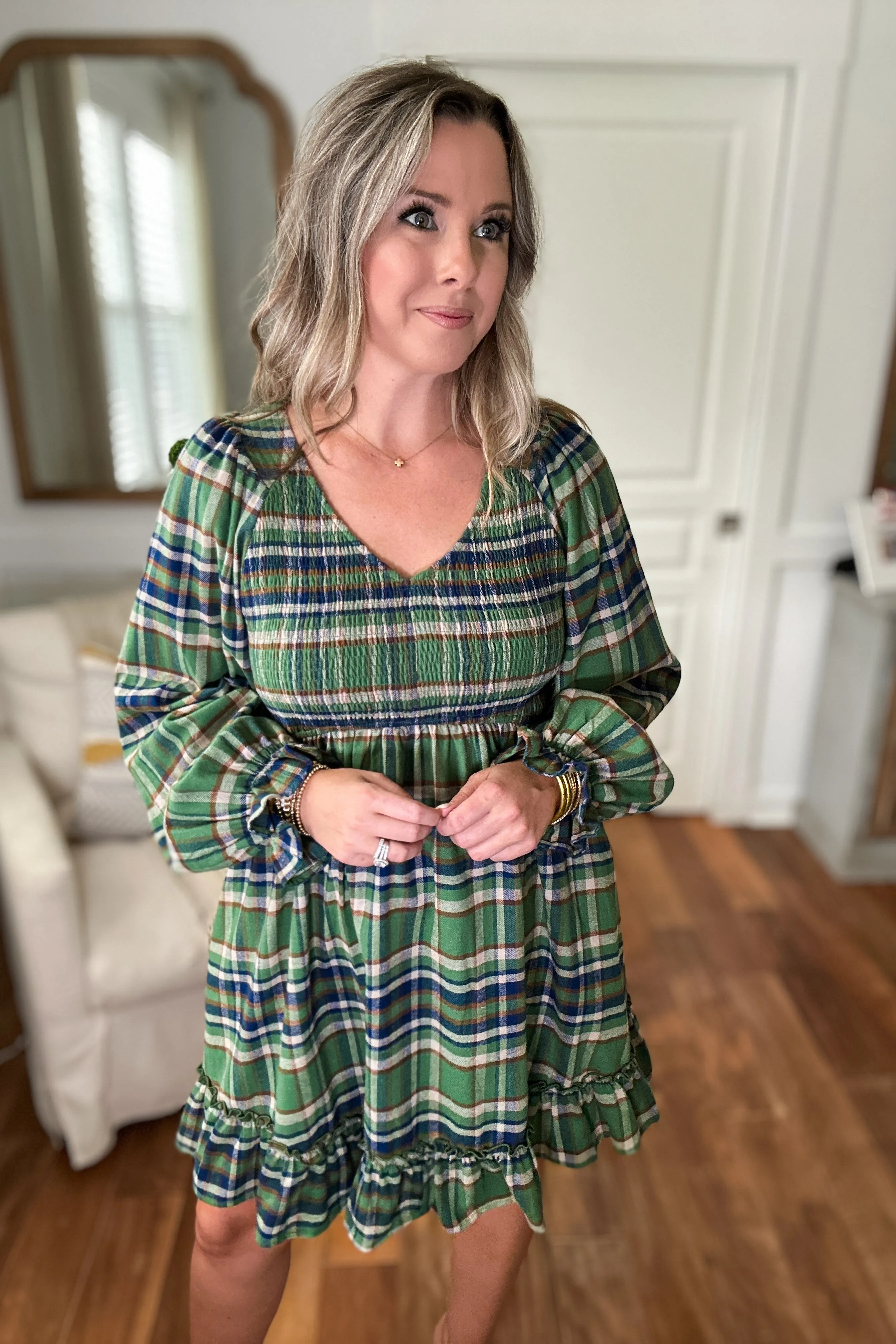 Smocked Plaid Babydoll Dress - Green