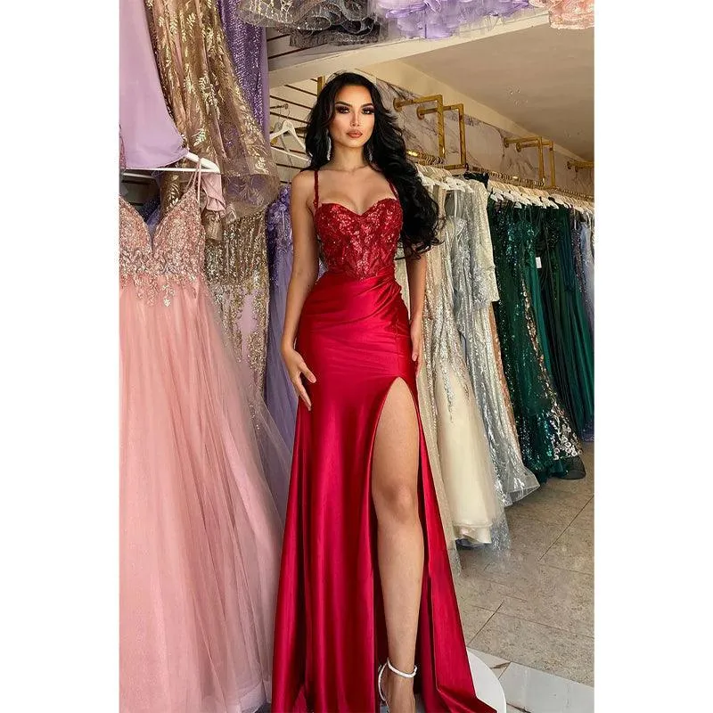 Spaghetti Straps Sweetheart Lace Appliques Red Mermaid Prom Party Dress with Slit