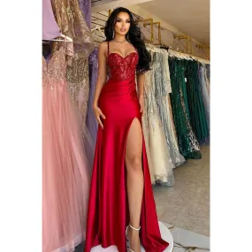 Spaghetti Straps Sweetheart Lace Appliques Red Mermaid Prom Party Dress with Slit