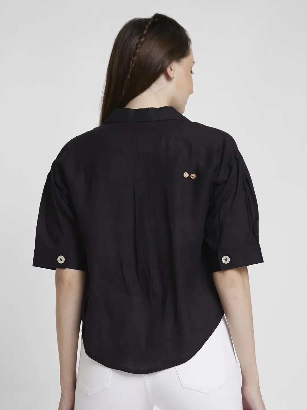 Spykar Women Black Viscose Linen Slim Fit Half Sleeve Plain Crop Shirt