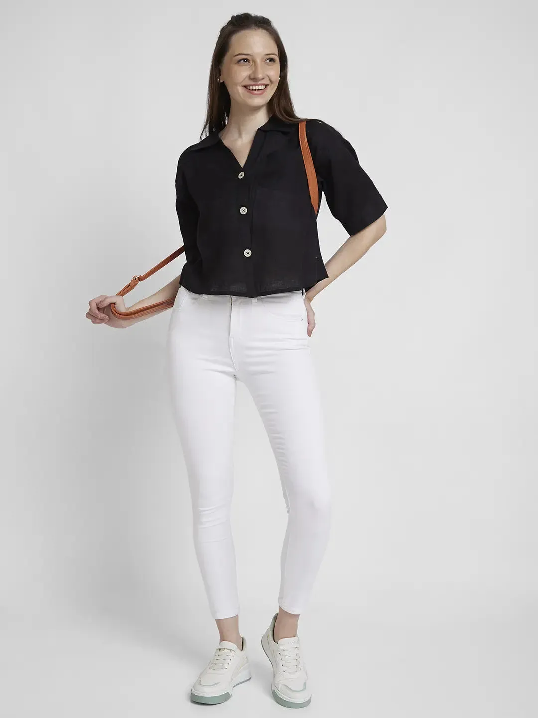 Spykar Women Black Viscose Linen Slim Fit Half Sleeve Plain Crop Shirt