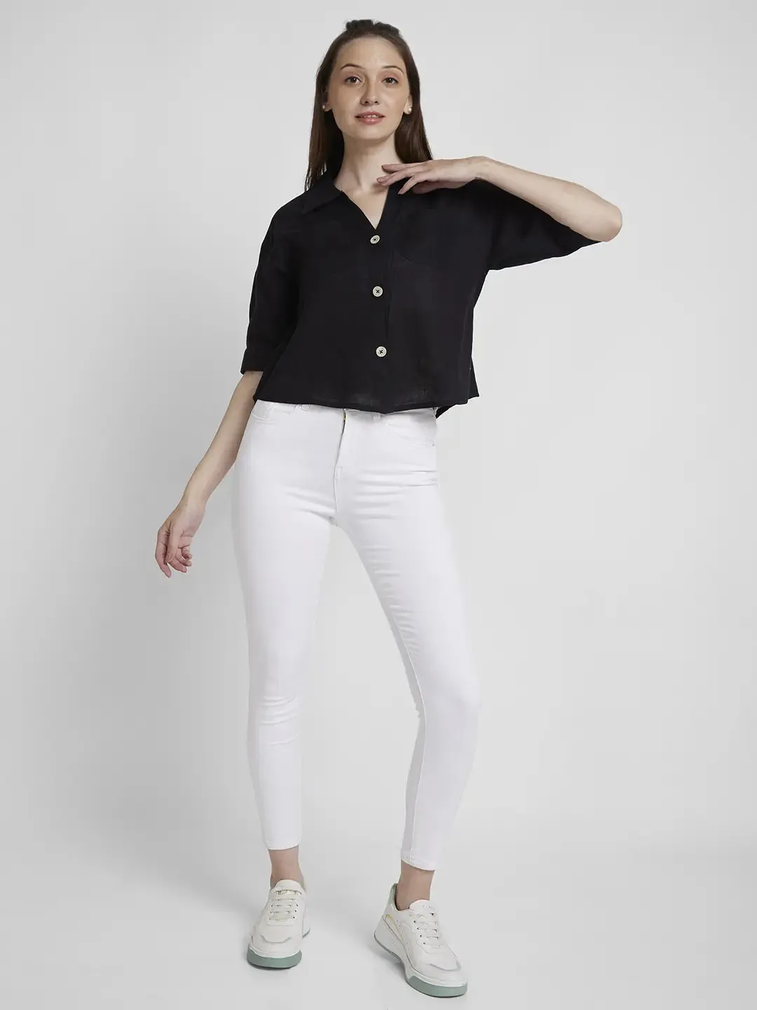 Spykar Women Black Viscose Linen Slim Fit Half Sleeve Plain Crop Shirt