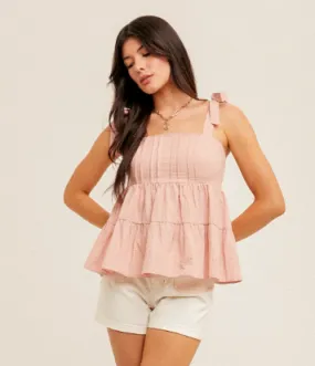 SQUARE NECK TIE SHOULDER SMOCKED BABYDOLL TANK