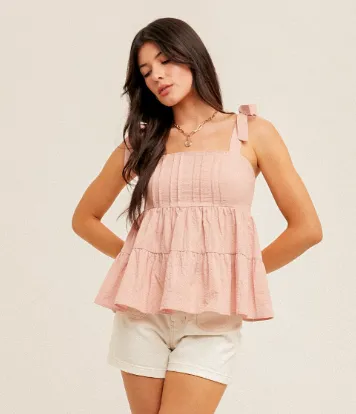 SQUARE NECK TIE SHOULDER SMOCKED BABYDOLL TANK