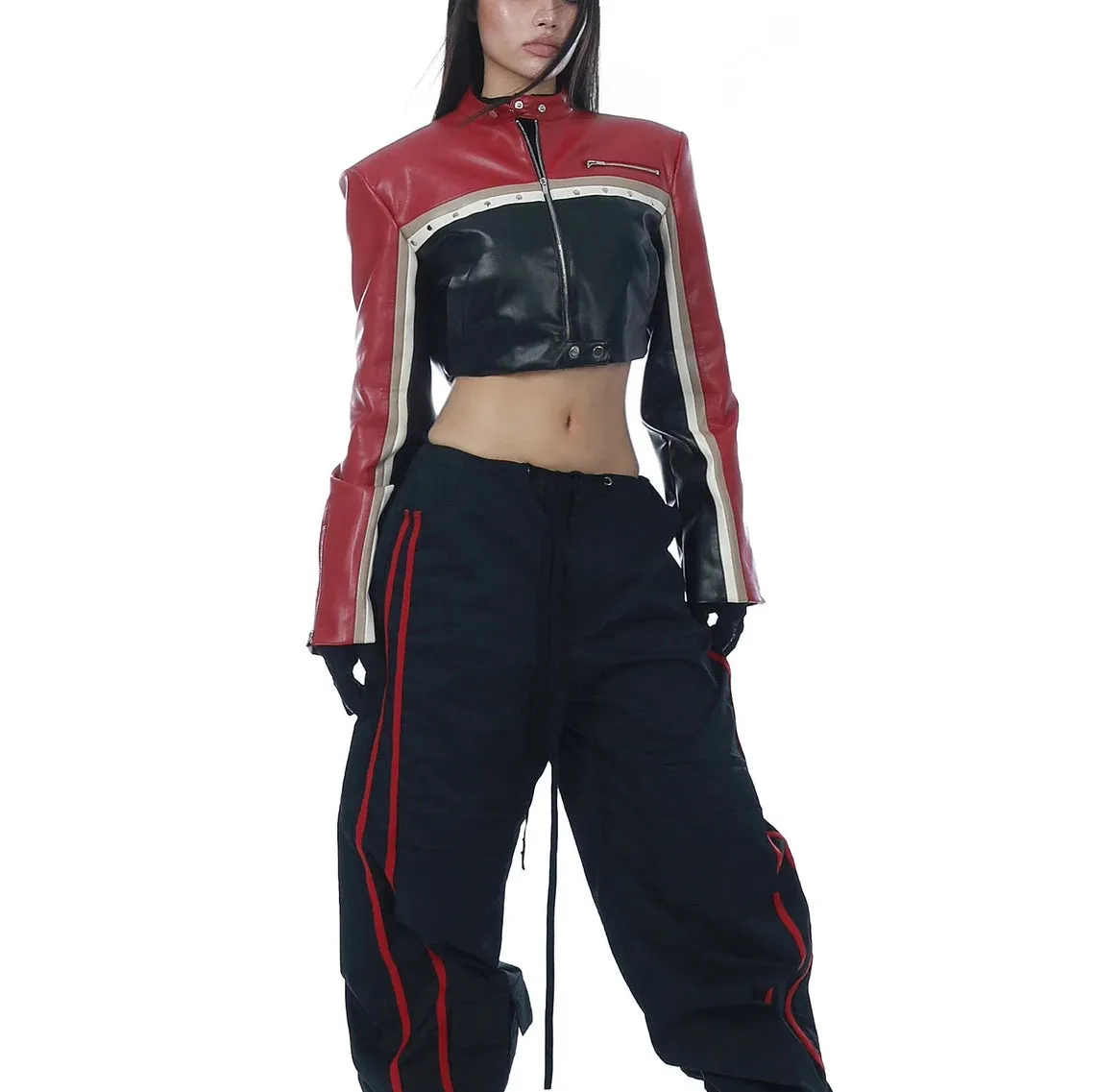 Striped Biker Style Jacket For Women Cool Patchwork Crop Real Leather Jacket Women Long Sleeve Jacket Genuine Leather Cropped Jacket
