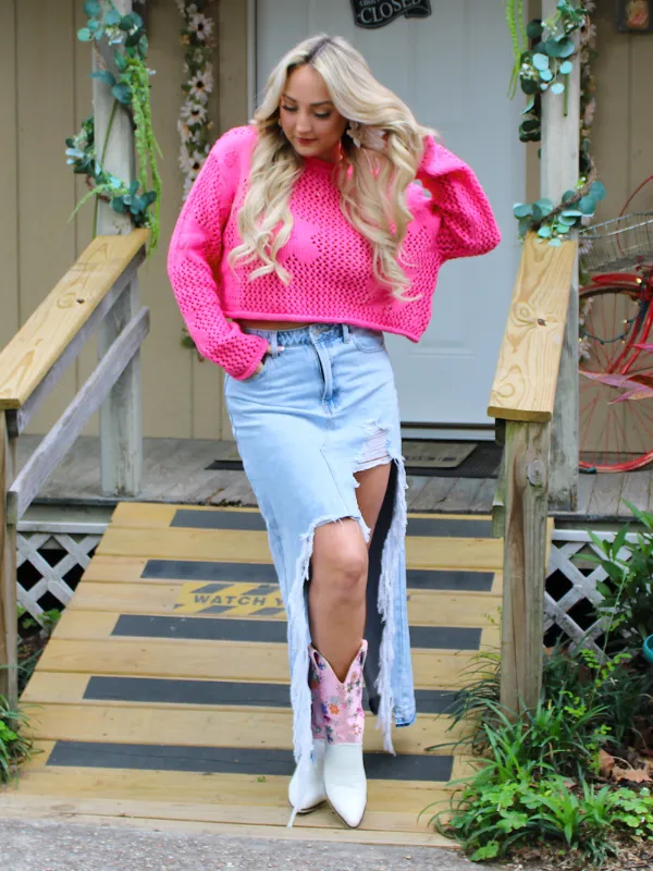 Talk of the Island Flower Crop Knit Sweater, Fuchsia