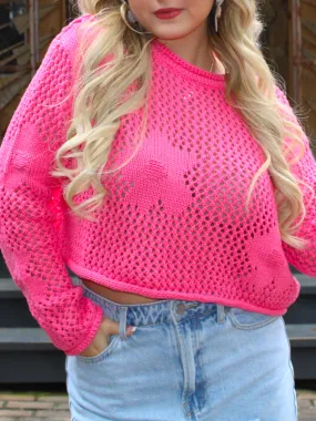 Talk of the Island Flower Crop Knit Sweater, Fuchsia